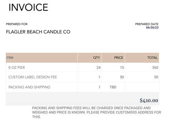 flagler beach candle co 6/30/23 invoice